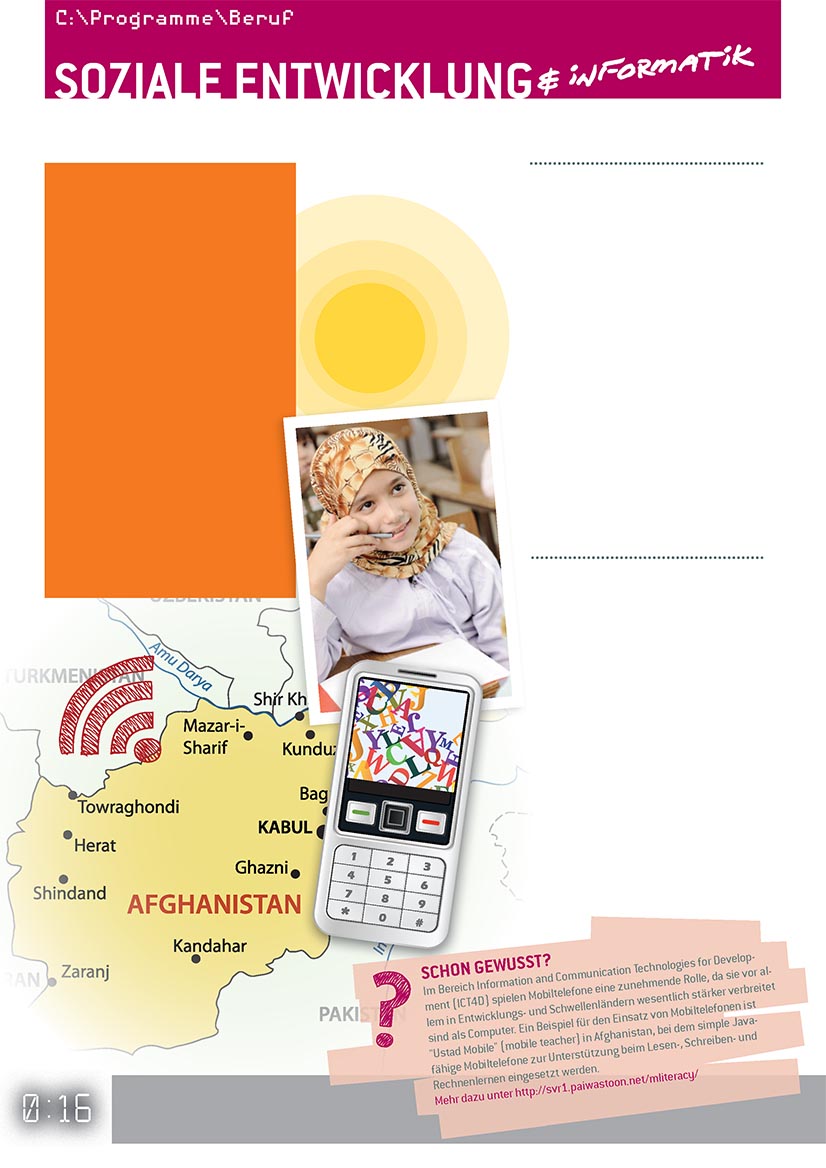 Eine gezeichnete Landkarte von Afghanistan, halb darüber ein Foto eines kleinen afghanischen Mädchens, dazu ein Handy mit farbigen Buchstaben im Display