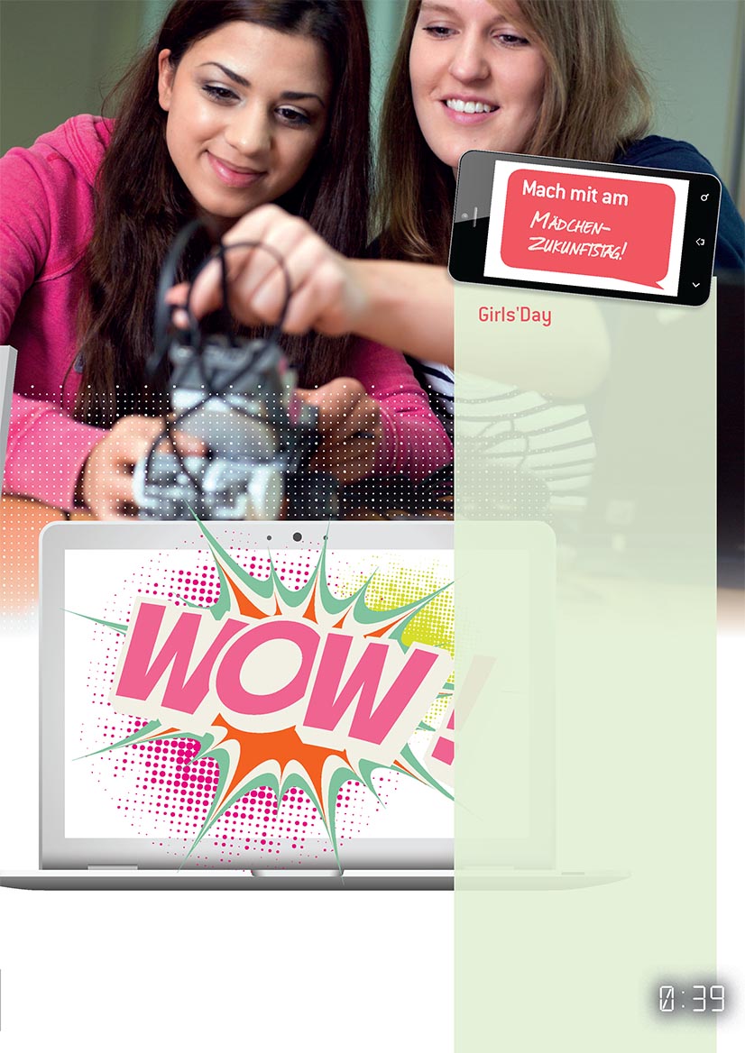 Zwei Mädchen im Elektroniklabor, darunter die Illustration eines aufgeklappten Laptops mit dem Schriftzug 'WOW! im Comicstil'