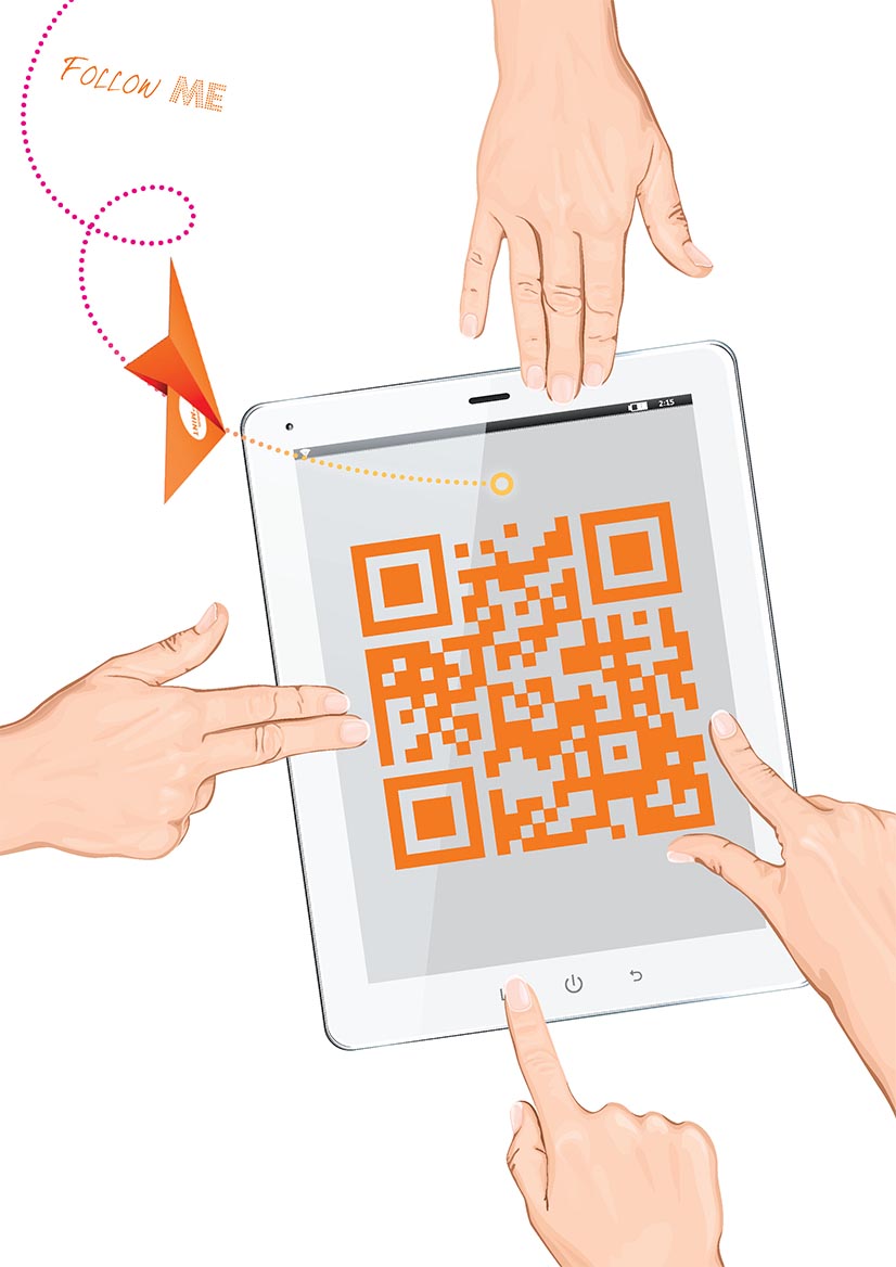 Tablet mit großem QR-Code, darüber vier Hände, die das Tablet von den Seiten bedienen; Papierflieger mit Komm-Mach-MINT-Logo