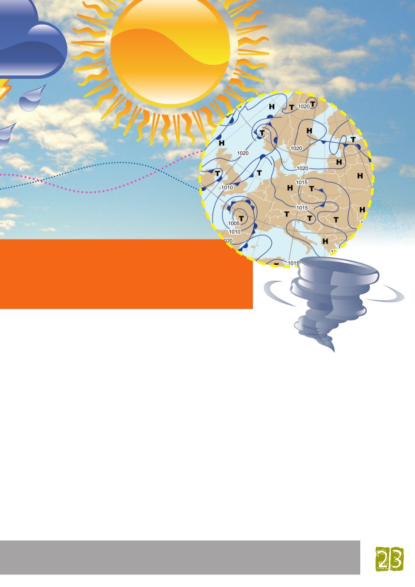 Verschiedene Symbole zum Thema Klime und Wetter,darunter Wolke, Blitz, Sonne, Windsack, Karte mit Hoch- und Tiefdruckgebieten